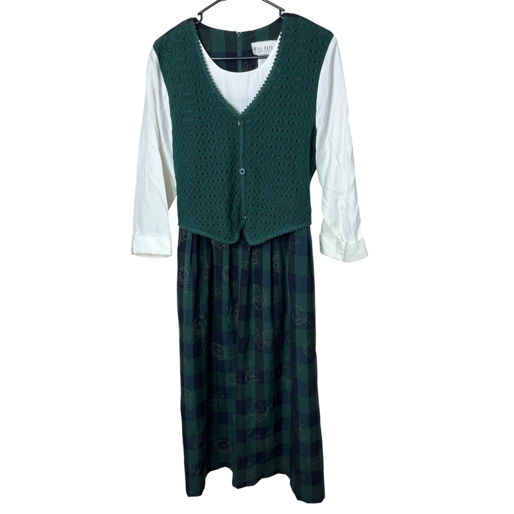 Vintage Miss Dorby Dress Green Plaid Floral Crochet Vest Layered Look Sz 12